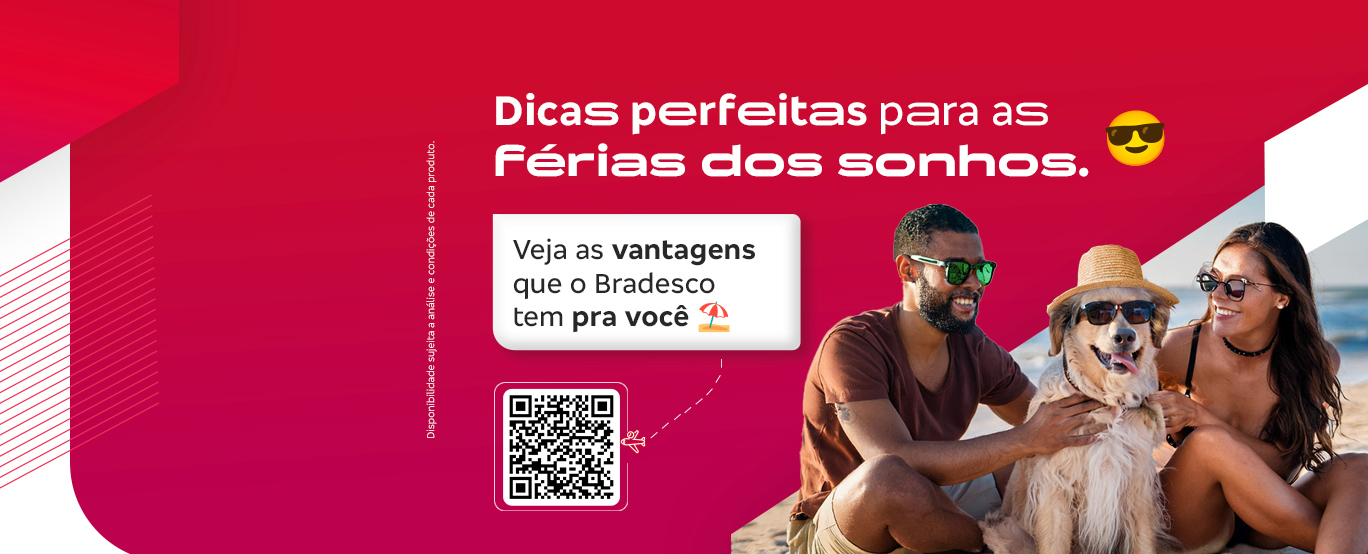 #BradescoAcessível #PraTodoMundoVer: A imagem mostra uma família com malas em frente a um avião. O texto sobre um box vermelho com degradê magenta ao lado direito: 'Aproveite as férias com benefícios imperdíveis. Acesso à sala VIP em aeroportos. Desconto no aluguel de carros. Até 15% OFF em restaurantes. Anuidade grátis. Pedir cartão'. Fim da descrição.