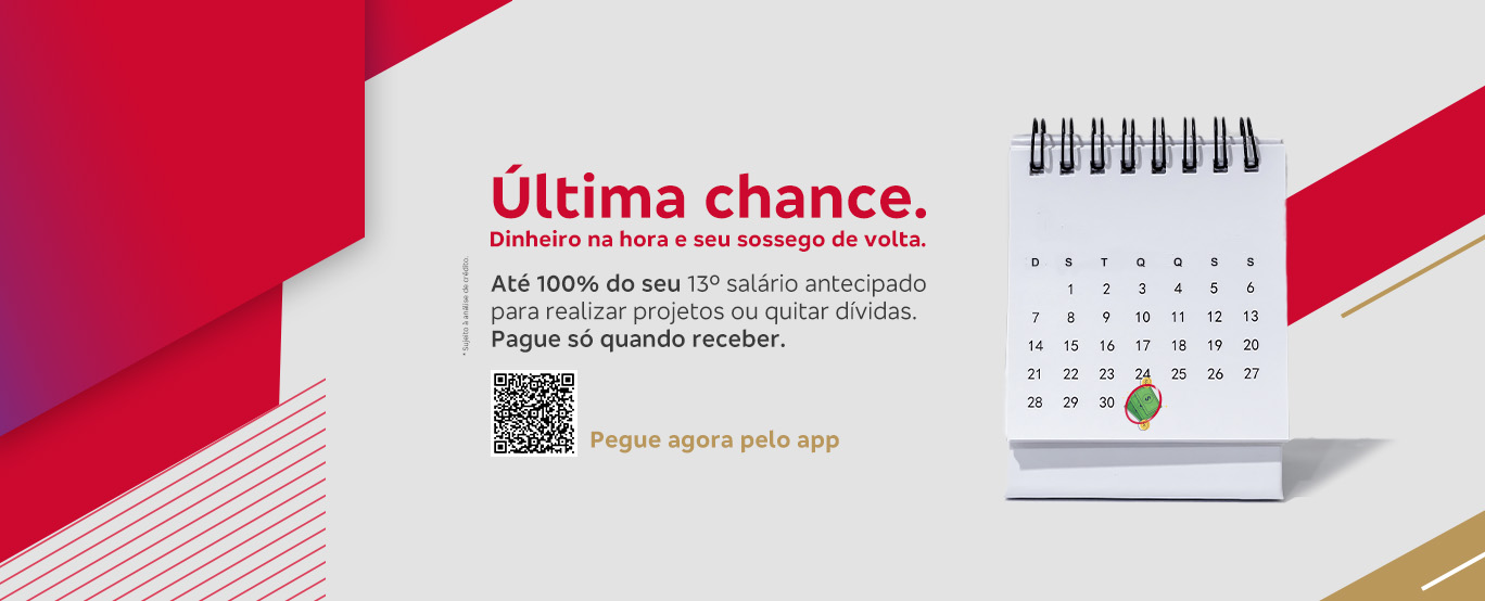 #BradescoAcessível #Pratodomundover Dinheiro na hora e seu sossego de volta. Última chance. Até 100% do seu 13º salário antecipado para realizar projetos ou quitar dívidas. Pague só quando receber. Pegue agora pelo app *Sujeito à análise de crédito. Temos uma imagem com fundo cinza e grafismos vermelhos, onde do lado esquerdo está o seguinte texto em destaque: 'Dinheiro na hora e seu sossego de volta. Última chance. Até 100% do seu 13º salário antecipado para realizar projetos ou quitar dívidas. Pague só quando receber.' Logo abaixo temos o botão: Pegue agora pelo app. Já no lado direito temos a ilustração de um relógio.