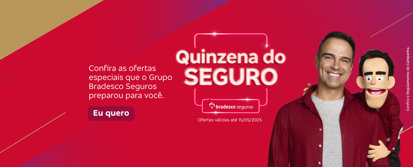 #BradescoAcessivel #PraTodoMundoVer Seguro Despesas Essenciais Bradesco Segurança financeira para você e sua família Saiba mais Imagem: A imagem é composta de foto, à esquerda, de um casal sentados no sofá, assinando papeis com expressão alegre e confortável. À direita, está o texto, em fundo nas cores roxo, rosa e creme.