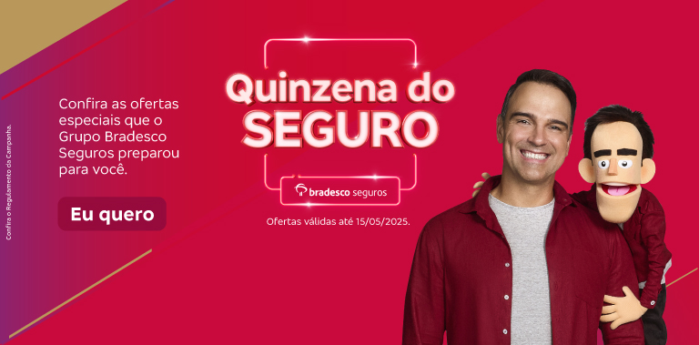 #BradescoAcessivel #PraTodoMundoVer Seguro Despesas Essenciais Bradesco Segurança financeira para você e sua família Saiba mais Imagem: A imagem é composta de foto, à esquerda, de um casal sentados no sofá, assinando papeis com expressão alegre e confortável. À direita, está o texto, em fundo nas cores roxo, rosa e creme.