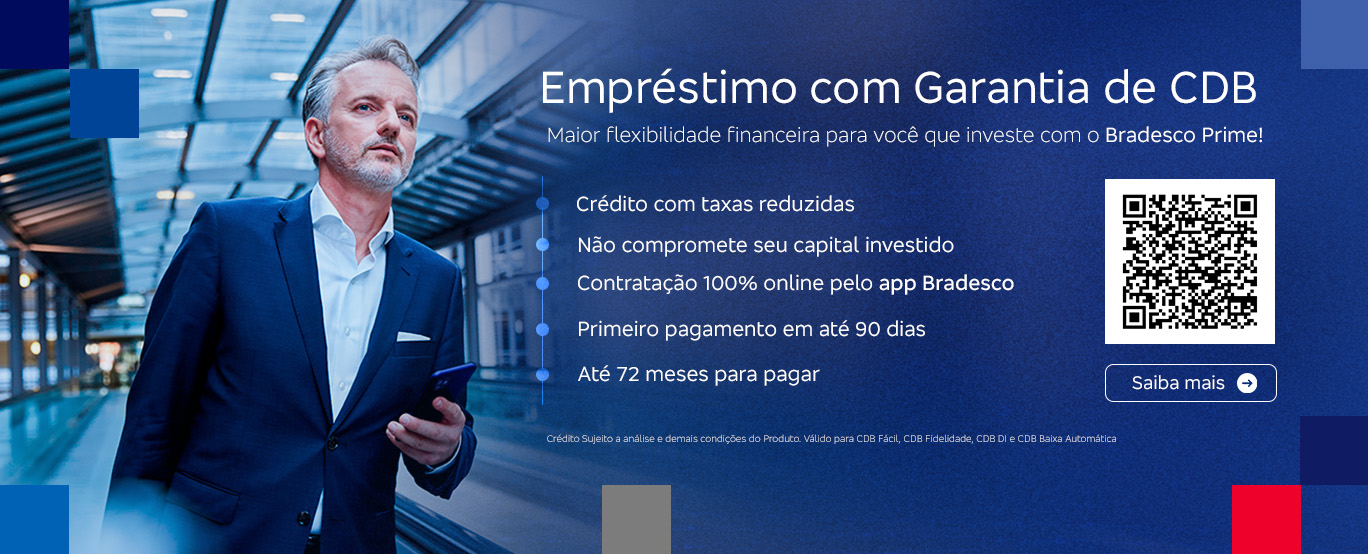 #BradescoAcessível #PraTodoMundoVer: Banner permeado nas extremidades por elementos quadrados nos tons de azul, vermelho e cinza. Observamos uma foto de Nova York, além dos dizeres: 'My Account Bradesco. Sua conta internacional 100% digital com cartão para compras e saques no exterior! Saiba mais'.