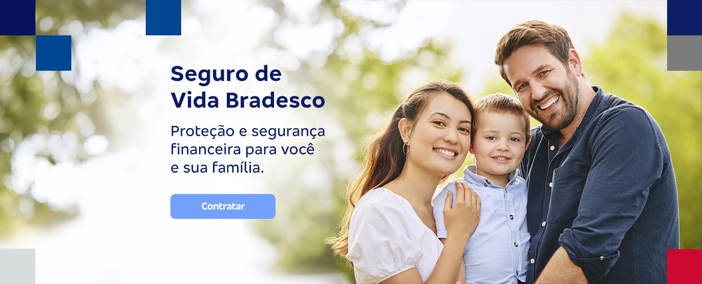 #BradescoAcessível #PraTodoMundoVer: banner com a foto de um casal com uma criança. Os três estão abraçados e sorriem olhando para a câmera. A mulher possui cabelos compridos e veste uma blusa branca. O homem veste uma camisa azul escura e usa barba. A criança, no centro, possui cabelos loiros curtos e usa uma camisa azul clara. Mais à esquerda, lemos: “Seguro de Vida Bradesco. Proteção e segurança financeira para você e sua família. Contratar”.