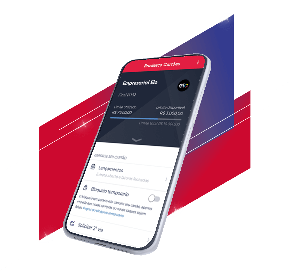 #BradescoAcessível #Pratodomundover Vemos um smartphone com a tela aberta na página inicial do aplicativo Bradesco Cartões PJ mostrando a bandeira do cartão, saldo, entre outras funções do app.