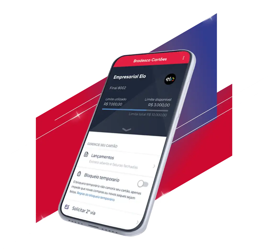 #BradescoAcessível #Pratodomundover Vemos um smartphone com a tela aberta na página inicial do aplicativo Bradesco Cartões PJ mostrando a bandeira do cartão, saldo, entre outras funções do app.