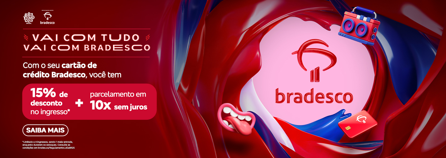#BradescoAcessível #PraTodoMundoVer: A imagem tem fundo vermelho escuro com elementos em azul e rosa. No lado esquerdo, o logo do Lollapalooza Brasil e o logo do Bradesco aparecem no topo. Logo abaixo, o texto 'VAI COM TUDO, VAI COM BRADESCO' em letras maiúsculas e brancas, com efeito neon. Abaixo, a oferta destacada em branco, no box vermelho: 'Com o seu cartão de crédito Bradesco, você tem 15% de desconto no ingresso + parcelamento em 10x sem juros'. Um botão branco escrito 'SAIBA MAIS' aparece logo abaixo. Do lado direito da imagem, há uma composição gráfica em tons de vermelho, azul e rosa. Dentro, o logo do Bradesco aparece centralizado, em vermelho. Elementos visuais complementam a cena, um rádio retrô azul e vermelho no canto superior direito, um cartão vermelho com o símbolo de pagamento por aproximação no canto inferior direito e um emoji de boca com língua para fora no canto inferior esquerdo. Fim da descrição.