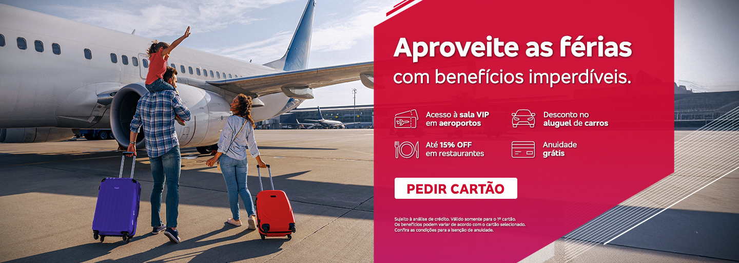 #BradescoAcessível #PraTodoMundoVer: A imagem mostra uma família com malas em frente a um avião. O texto sobre um box vermelho com degradê magenta ao lado direito: ‘Aproveite as férias com benefícios imperdíveis. Acesso à sala VIP em aeroportos. Desconto no aluguel de carros. Até 15% OFF em restaurantes. Anuidade grátis. Pedir cartão’. Fim da descrição.