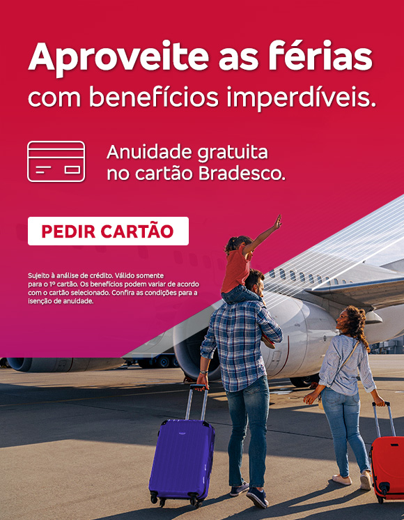 #BradescoAcessível #PraTodoMundoVer: A imagem mostra uma família com malas em frente a um avião. O texto sobre um box vermelho com degradê magenta ao lado direito: ‘Aproveite as férias com benefícios imperdíveis. Acesso à sala VIP em aeroportos. Desconto no aluguel de carros. Até 15% OFF em restaurantes. Anuidade grátis. Pedir cartão’. Fim da descrição.