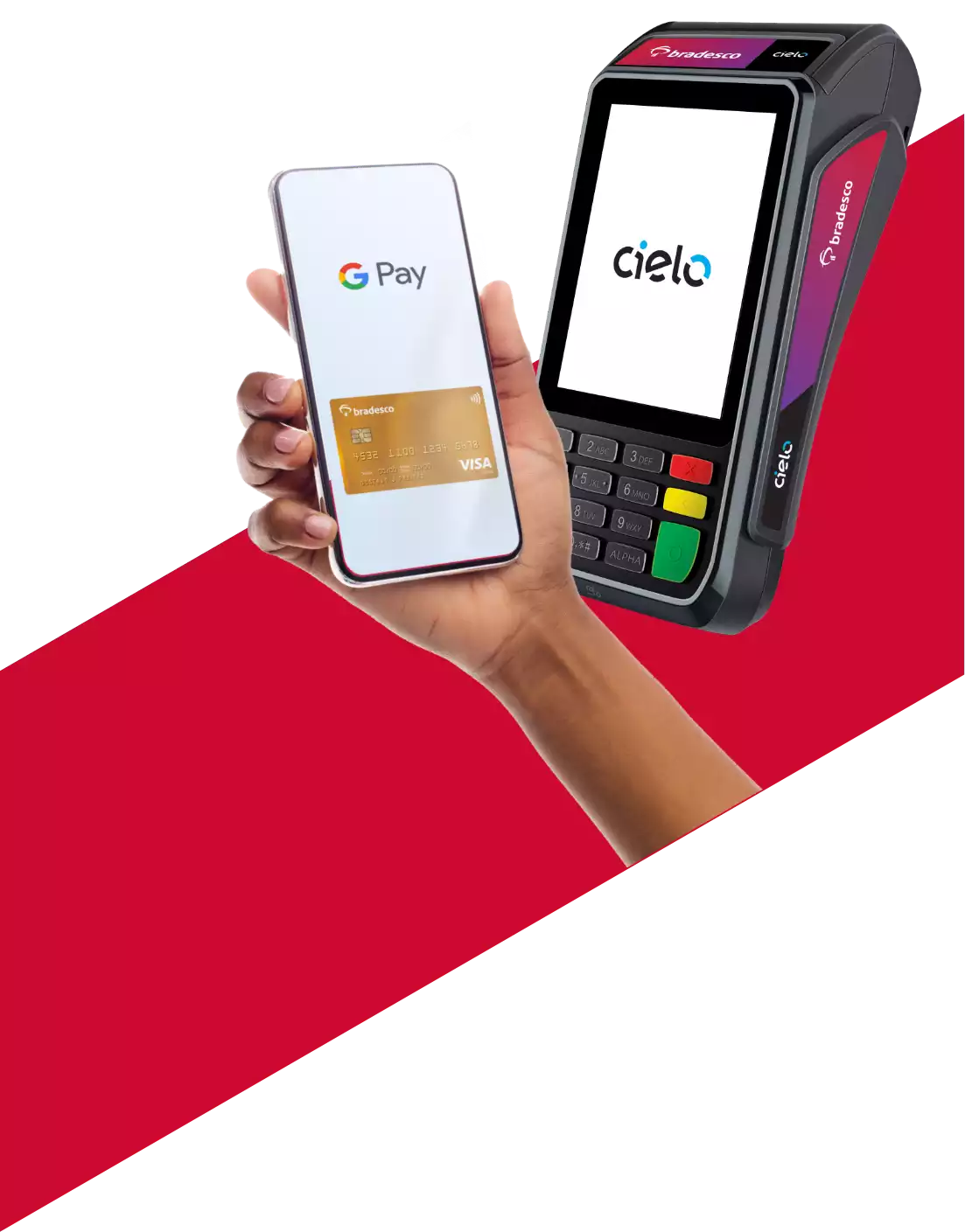 #BradescoAcessível #PraTodoMundoVer: Mão segurando o celular com o cartão Visa na tela. Ao fundo, maquininha de pagamento com a marca Cielo na tela.