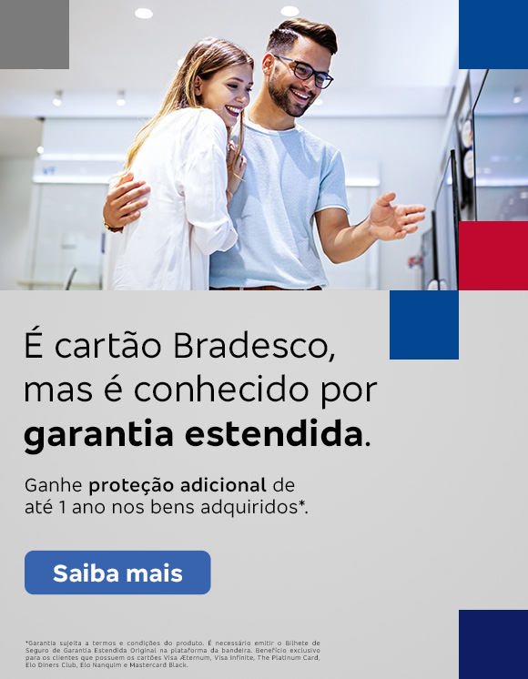 #BradescoAcessível #PraTodoMundoVer
              Texto: É cartão Bradesco, mas é conhecido por garantia estendida. Ganhe proteção adicional de até 1 ano nos bens adquiridos*. Botão: Saiba mais. Texto legal: *Garantia sujeita a termos e condições do produto. É necessário emitir o Bilhete de Seguro de Garantia Estendida Original na plataforma da bandeira. Benefício exclusivo para os clientes que possuem os cartões Visa Aeternum, Visa Infinite, The Platinum Card, Elo Diners Club, Elo Nanquim e Mastercard Black. 
              Descrição da imagem: À esquerda, sobre um fundo vermelho com grafismos em rosa e branco, estão os textos, botão e texto legal. À direita, tem a foto de uma mulher sorrindo e experimentando fones de ouvido em uma loja de eletrônicos.