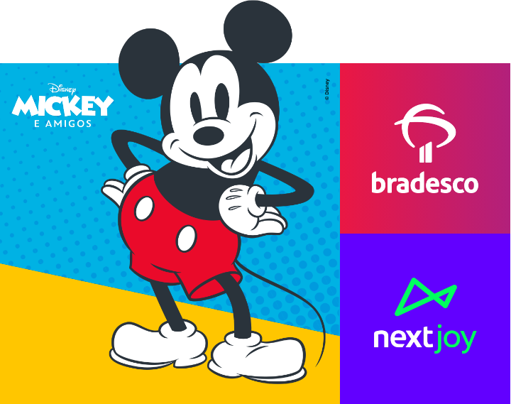 Ilustração do personagem Mickey Mouse sobre fundo azul claro e amarelo. Ao lado o logo do banco Bradesco e do Next Joy
