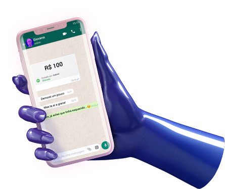 #PraCegoVer. Mão segurando celular com mostrando uma conversa com uma transferência de valor pelo WhatsApp